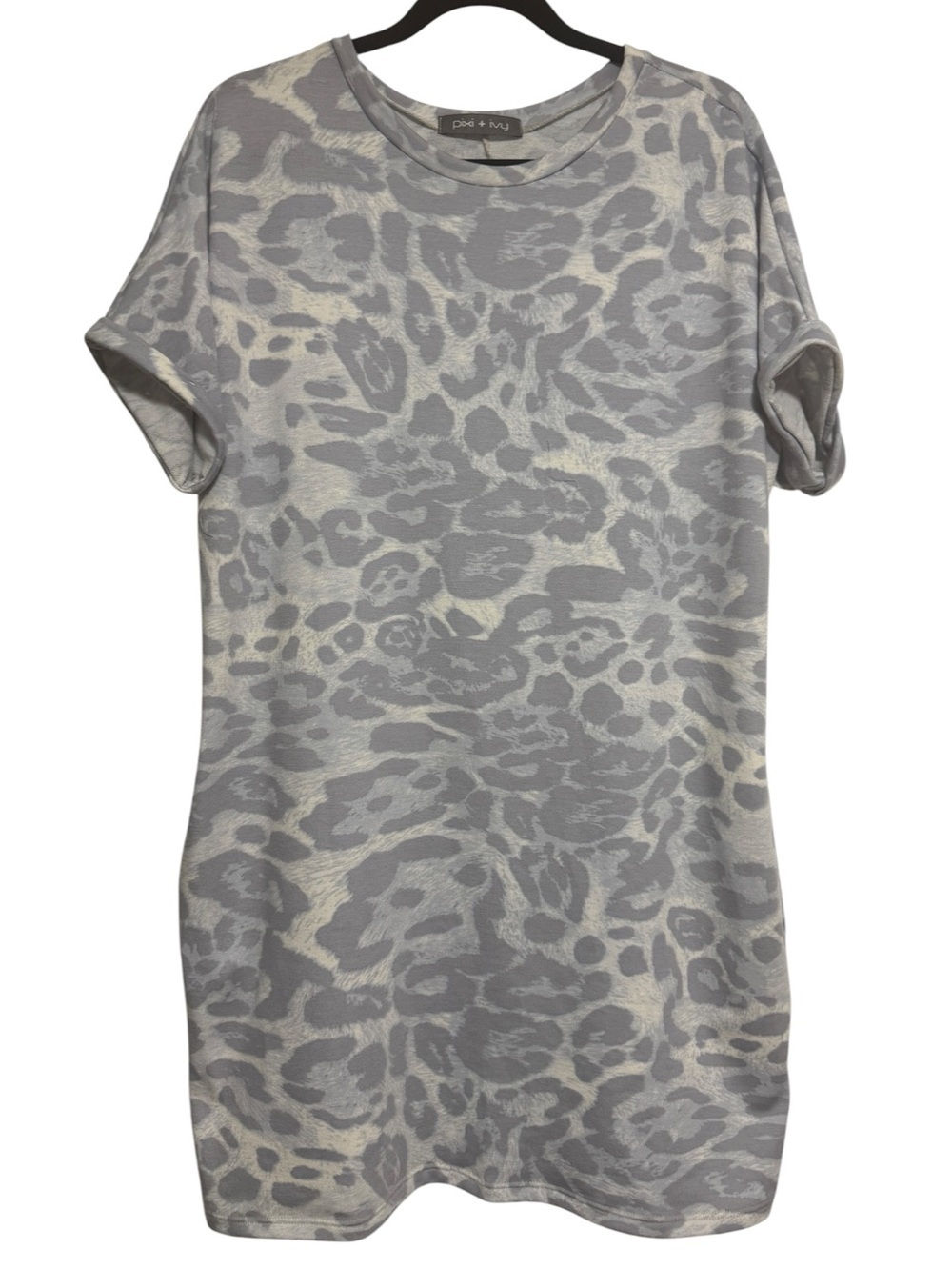 Pixi + Ivy Grey Leopard Print T-Shirt Shift Dress Rolled Cuff Sleeve S/M